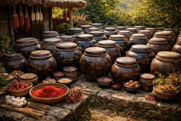 Obraz premium Rustic jangdokdae setup used for aging traditional Korean condiments