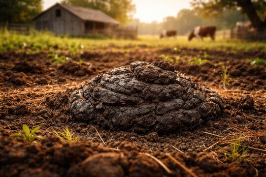 Fresh cattle manure on soil captured in a rustic farm landscape