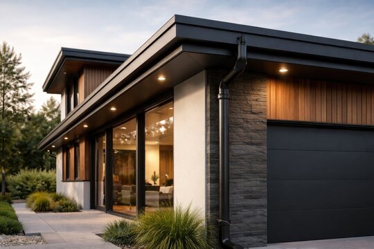 Well crafted modern dwelling highlighting gutter downpipe and refined roofline design