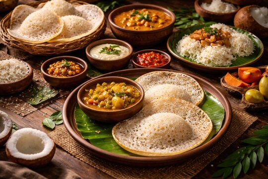 Tasty breakfast spread showcasing appam and raw rice delicacies
