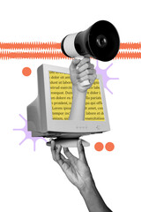 Collage picture placard arm hold modern device pc fake news information loud voice isolated on...