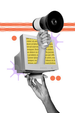 Collage picture placard arm hold modern device pc fake news information loud voice isolated on drawing background