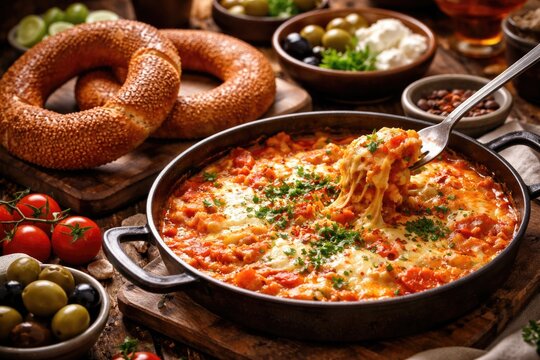 Fresh ingredients garnish cheesy menemen and Turkish bagel on rustic breakfast table