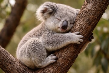 Obraz premium Resting young koala tenderly clutching a tree limb in tranquil pose
