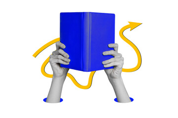 Fototapeta premium Composite photo collage of people hand hold open book read new bestseller novel library reader arrow reader isolated on painted background