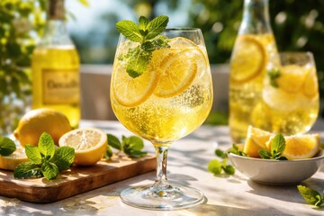 Fototapeta premium Classic limoncello spritz cocktail with lemon slices and mint on a sunny table