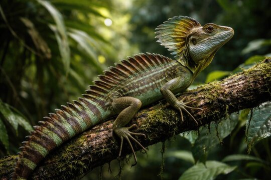 Lizard known as Jesus Christ with crest along tail and unique head growth on tropical rainforest branch