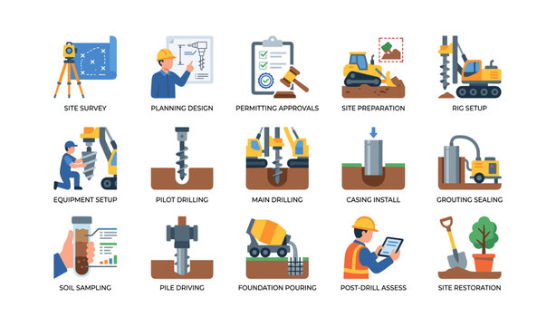 Construction drilling and site work icons on white background