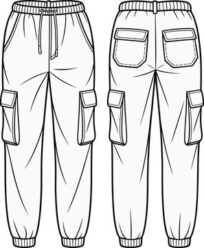 Cargo jogger pants front and back technical fashion flat vector illustration