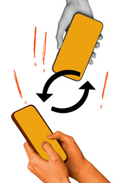 Vertical picture collage smartphones touchscreen data transfer roaming digital device internet access connection exclamation mark users