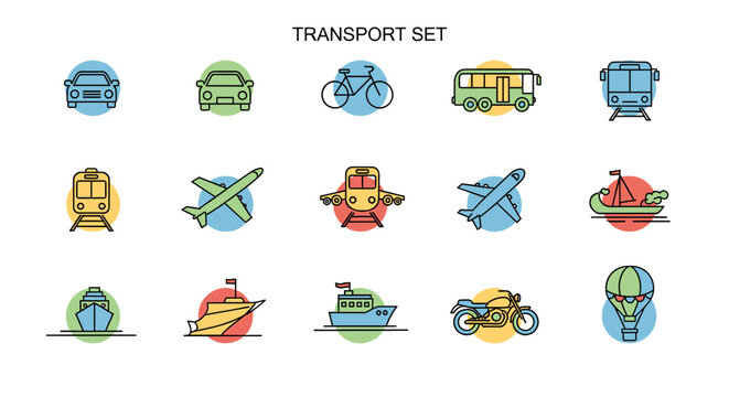 A vibrant set of flat design outlined icons depicting various modes of transport including cars, bikes, trains, planes, and boats.