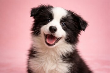 Fototapeta premium Sweet smiling border collie puppy in isolated pink studio environment