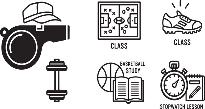 Physical Education and Sports Coaching Icon Set for Gym Class, Athletic Training, Basketball Study, and Fitness Lessons Black Vector