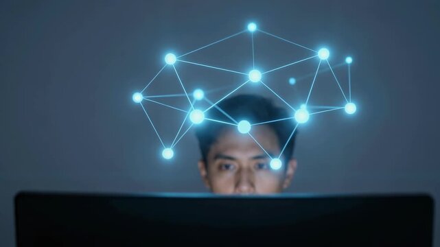 Focused Professional with Evolving Digital Network Above Head in Dark Tech Environment