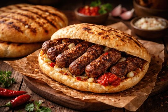 Traditional lepinja bread freshly grilled and accompanied by spicy cevapcici served with copy space