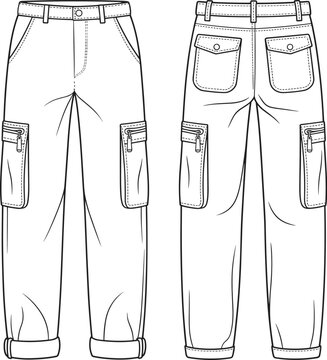 Cargo pants with zipper pockets and cuffed hem design, flat vector