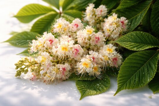 Bright conker tree flowers alongside green leaves on white surface