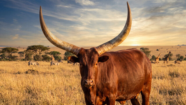 Ankole cattle long horns standing in savanna landscape wildlife view