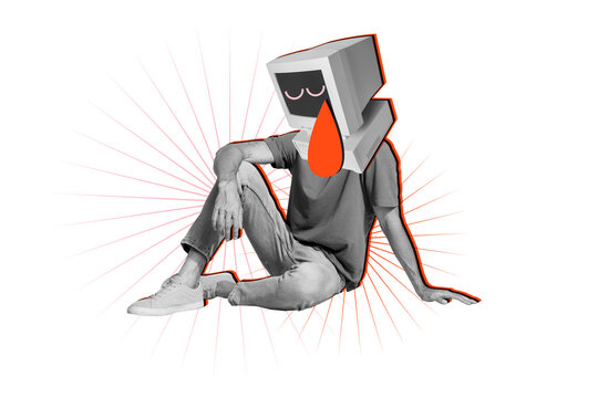Composite trend artwork sketch image photo collage of silhouette young guy sit sad cry drop depressed head computer monitor face sit down