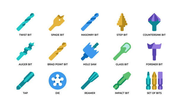 Drill and driver bits set illustrated as tool icons
