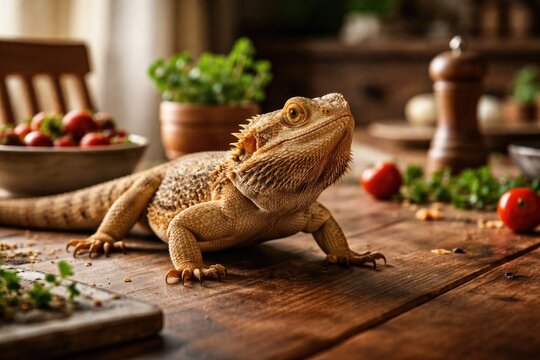 A beardless dragon lizard exploring a wooden dining table
