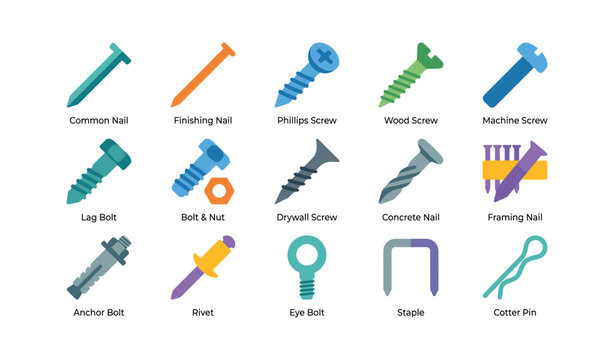 Fastener icons showing nails screws bolts and hardware types