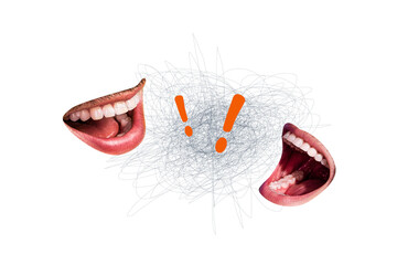 Composite photo collage of two faceless mouth speak together exclamation mark scribble communication isolated on painted background © deagreez