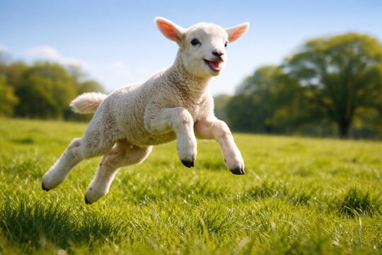 happy young lamb jumping in a fresh green pasture under clear skies