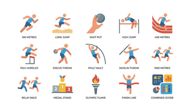 Track and field event icons of running and field disciplines on white