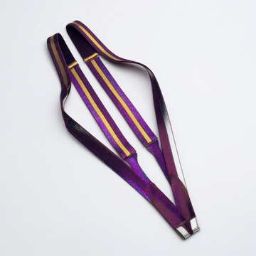 Purple and Gold Striped Fabric Suspenders with Metal Clasps on a White Background. Detailed Shot Photography Stock Photo