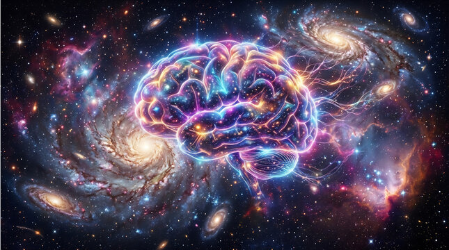 Abstract concept of a glowing brain with colorful lights against a backdrop of swirling galaxies and nebulae, symbolizing vast knowledge and cosmic exploration