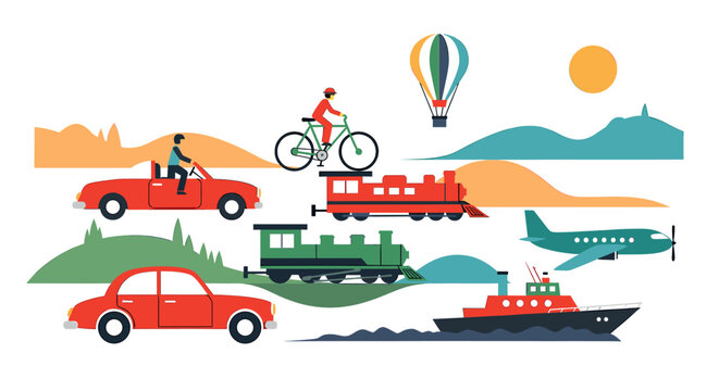 A vibrant illustration showcasing various modes of transport including cars, trains, a bicycle, an airplane, and a ship, set against a scenic landscape.