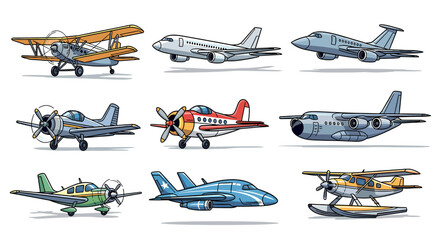 Collection of various detailed cartoon airplanes, including biplanes, jetliners, propeller planes, and seaplanes, for aviation and travel themes. © Liakum