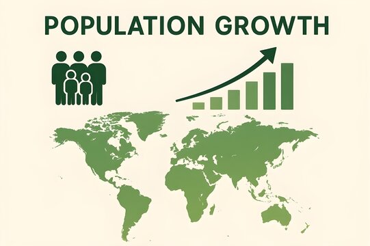 Population Growth Concept with Family Icon Bar Chart and World Map for Demographic Analysis and Global Human Development