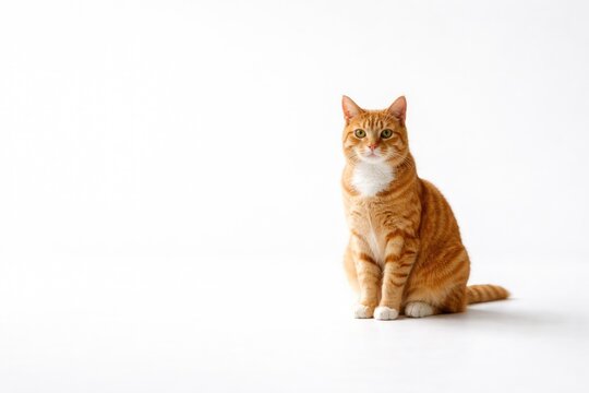 Orange cat with stripes sitting alone on bright white background with copy space