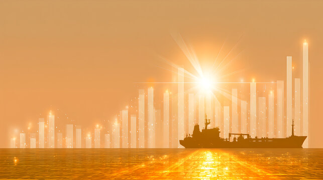 Cargo ship silhouette against a golden sky with rising financial bar charts

