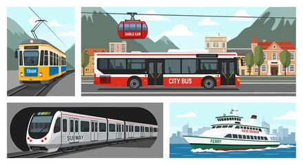 A collage showcasing various public transportation methods including a tram, city bus, cable car, subway train, and ferry boat in different urban and natural settings. © Liakum