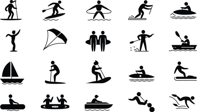 Set of 19 water sports and activities icons Vector