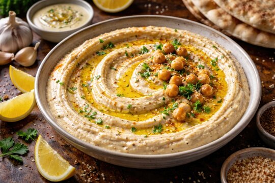 Rich and creamy hibbes infused with garlic lemon tahini sauce