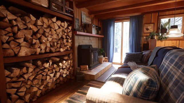 Cozy rustic cabin interior featuring a fireplace and stacked firewood logs