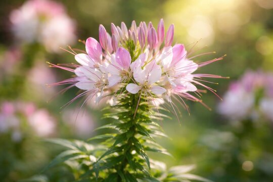 Soft focus cleome spinosa flower isolated in garden scene