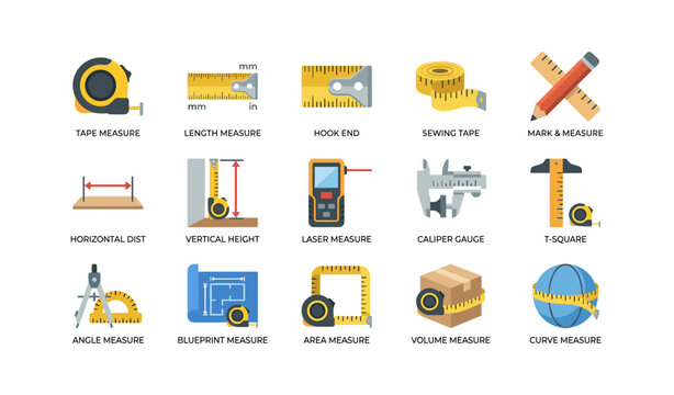 Measurement icons showing tape measures rulers and measuring tools