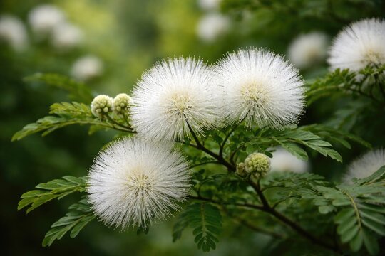 Freshly blossomed White Powder Puff plant Calliandra haematocephala in nature