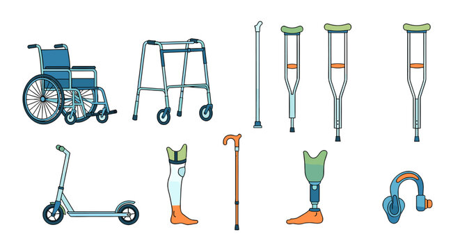 Collection of mobility aids and assistive devices for people with disabilities, including wheelchairs, walkers, crutches, canes, prosthetics, and scooters.