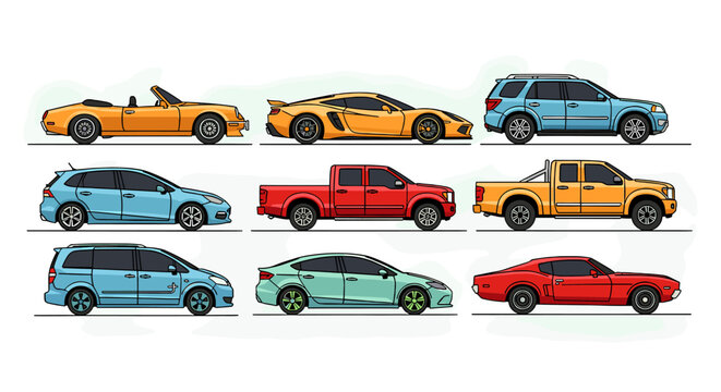 A diverse collection of nine distinct vehicles, showcasing a variety of car types and colors, arranged in a grid.