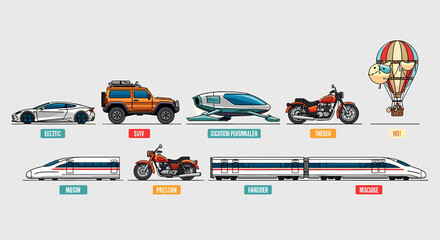 A diverse collection of vehicles showcasing various modes of transportation, from futuristic concepts to classic designs, arranged for comparison. © Liakum
