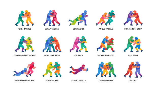 Football players demonstrating tackle techniques on white grid