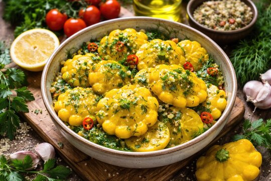 Yellow patisson marinated and presented in a wholesome plant based recipe