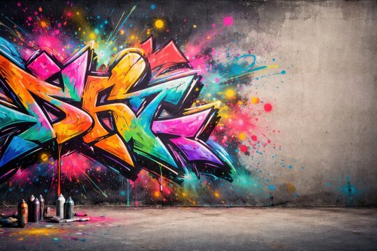 Youth culture inspired graffiti painting with vivid spray outlines on wall and copy space