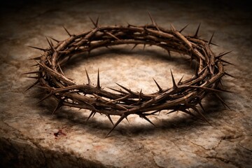 Fototapeta premium Symbolic thorn crown resting on textured marble to convey Christian suffering